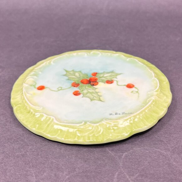 De Luca Hand Painted Holly Berries Trivet Plate Ceramic Green Christmas Holiday - Picture 4 of 10